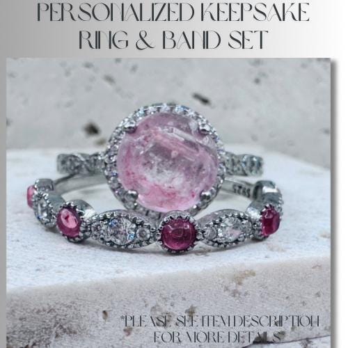 KEEPSAKE RINGS ~ring set~ made with •cremation ashes•hair•fur•flowers•breast milk•fabric•beach sand•feathers ~forever gems~