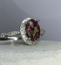 Load image into Gallery viewer, Innocence *cremation ring*oval setting ring*oval halo setting*flower ring*sterling silver ring*dried flower inclusion*pet fur*pet feathers
