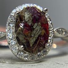 Load image into Gallery viewer, Innocence *cremation ring*oval setting ring*oval halo setting*flower ring*sterling silver ring*dried flower inclusion*pet fur*pet feathers
